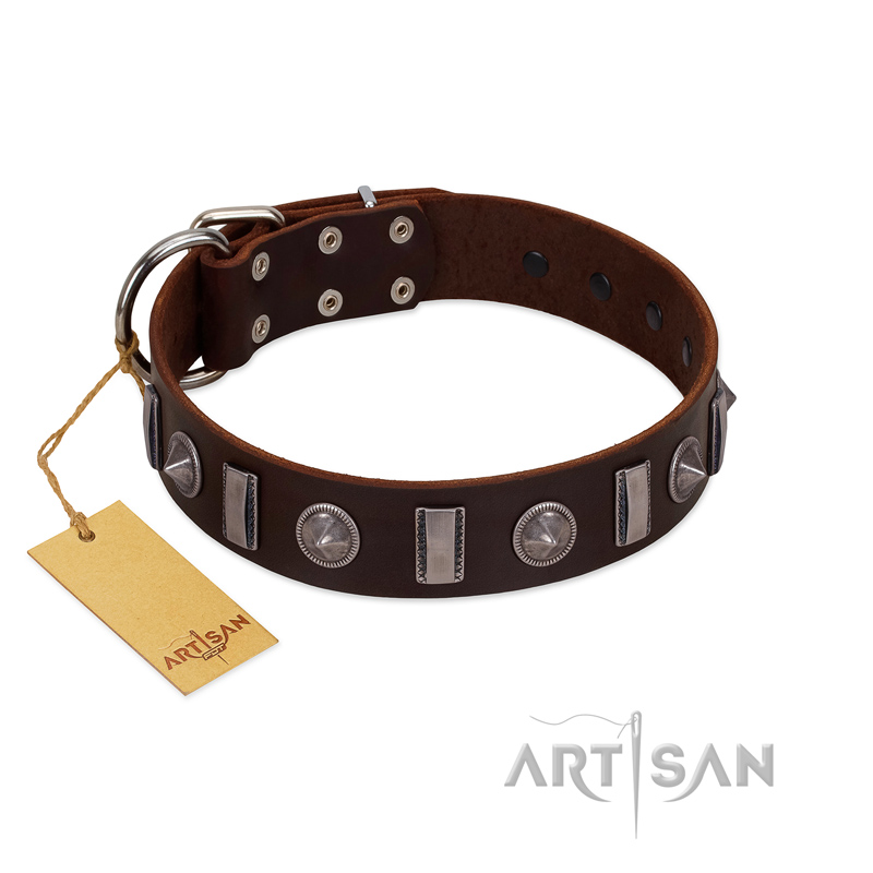 "Spiky Way" FDT Artisan Brown Leather Doberman Collar with Silver-Like Decorations - Click Image to Close
