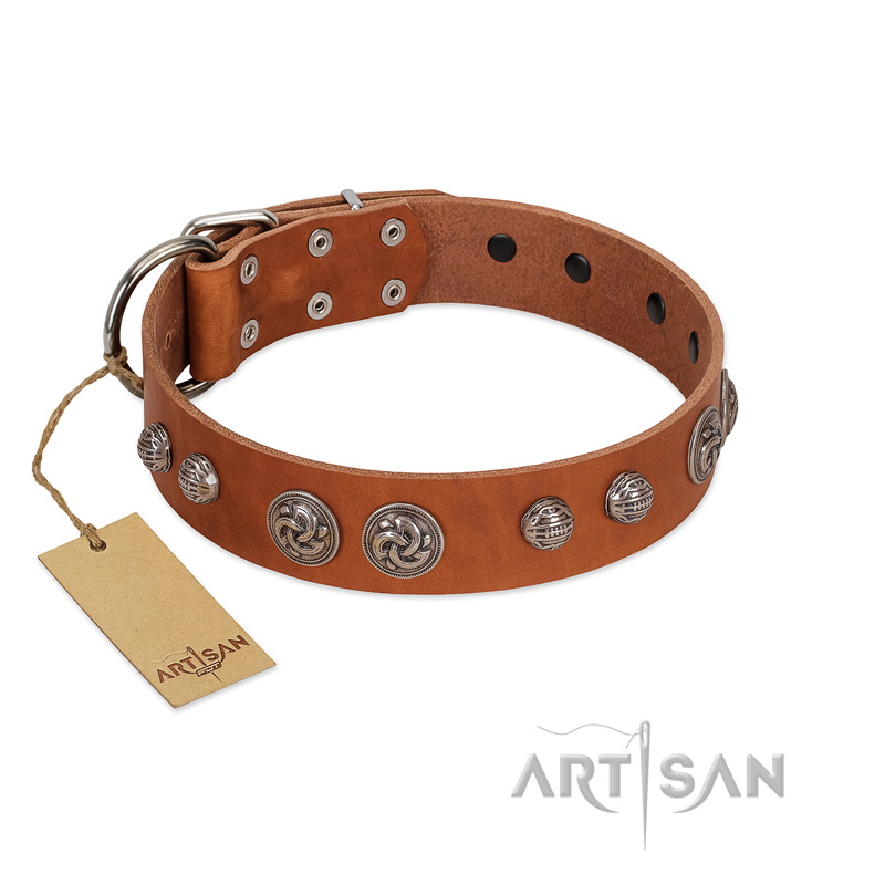 "Era Infinitum" FDT Artisan Tan Leather Doberman Collar Adorned with Chrome-plated Circles