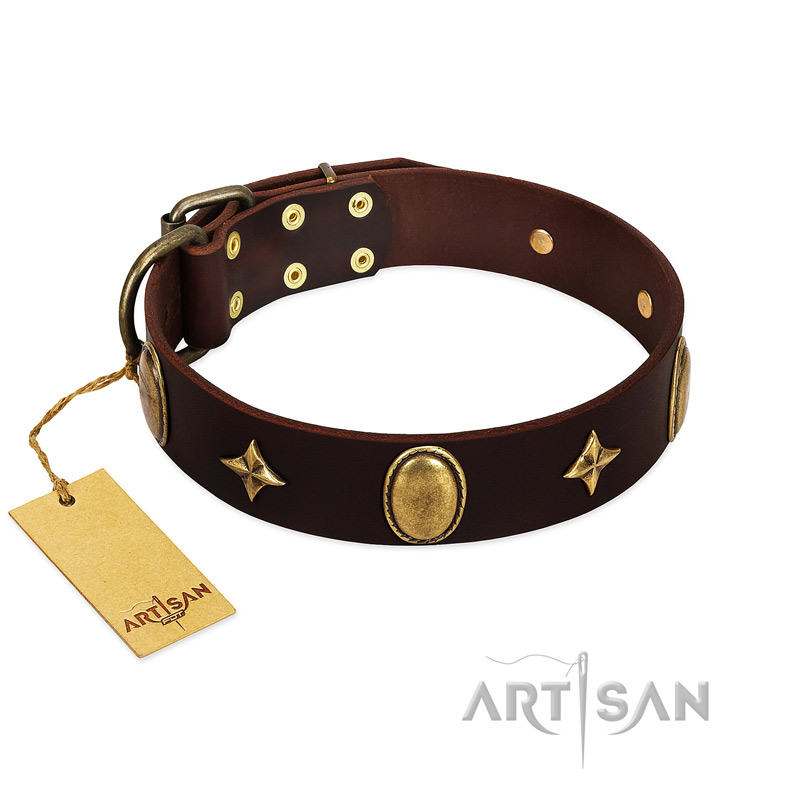 "Victory and Laurels" FDT Artisan Brown Leather Doberman Collar with Ovals and Stars - Click Image to Close