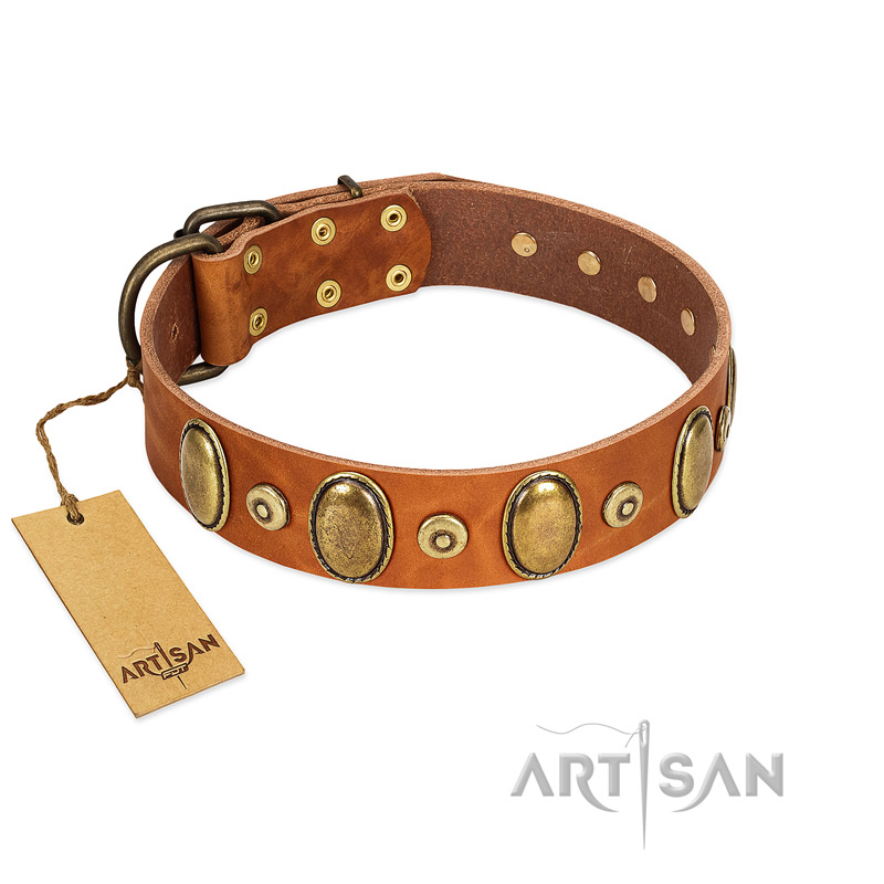 "Crystal Sand" FDT Artisan Tan Leather Doberman Collar with Vintage Looking Oval and Round Studs