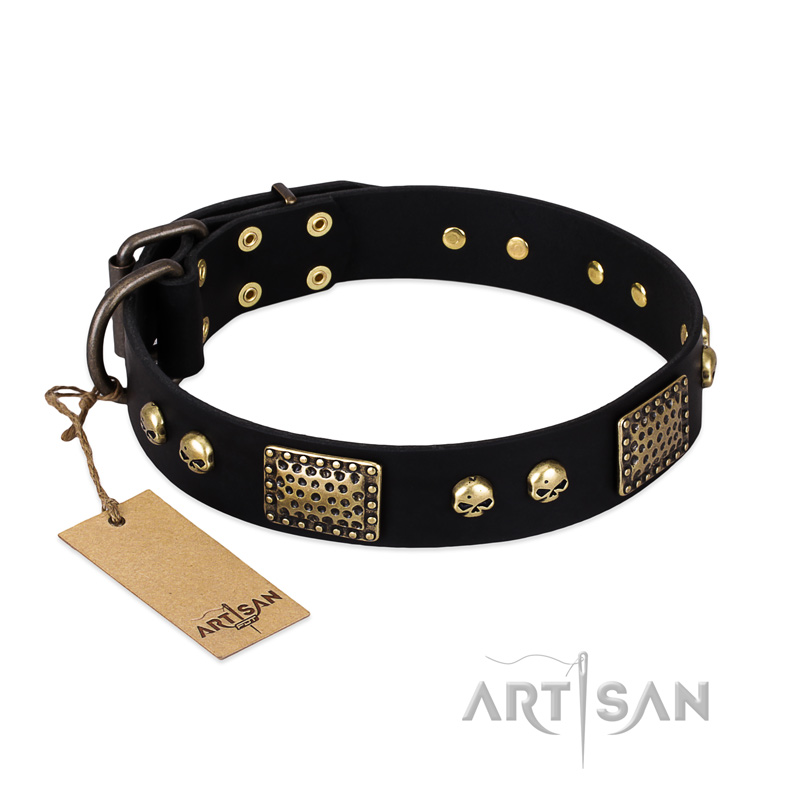 "Biker Style" FDT Artisan Black Leather Doberman Collar with Old Bronze Look Plates and Skulls