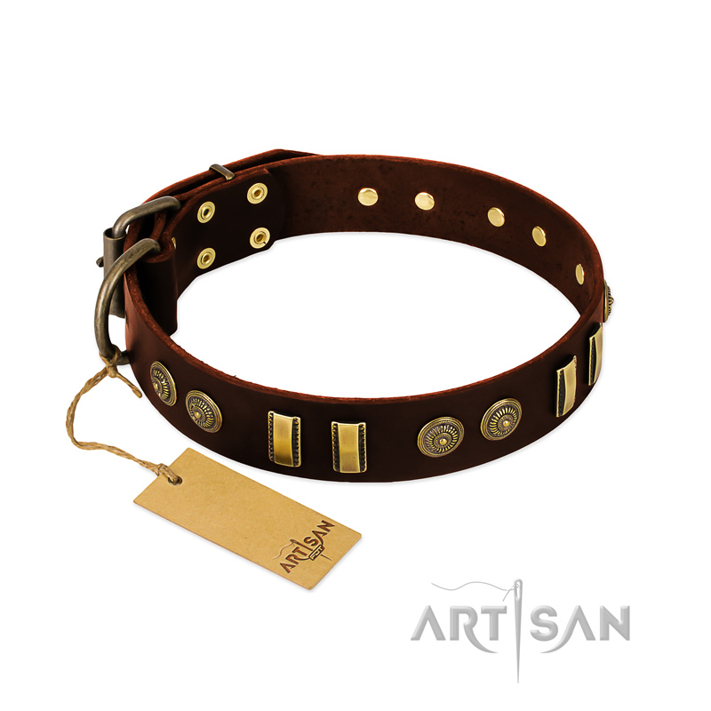 "Golden Elegance" FDT Artisan Brown Leather Doberman Collar with Old Bronze-like Decorations