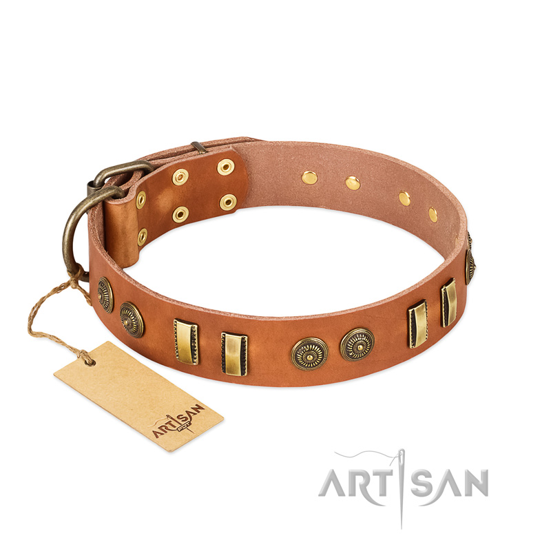 "Natural Beauty" FDT Artisan Tan Leather Doberman Collar with Old Bronze-like Circles and Plates