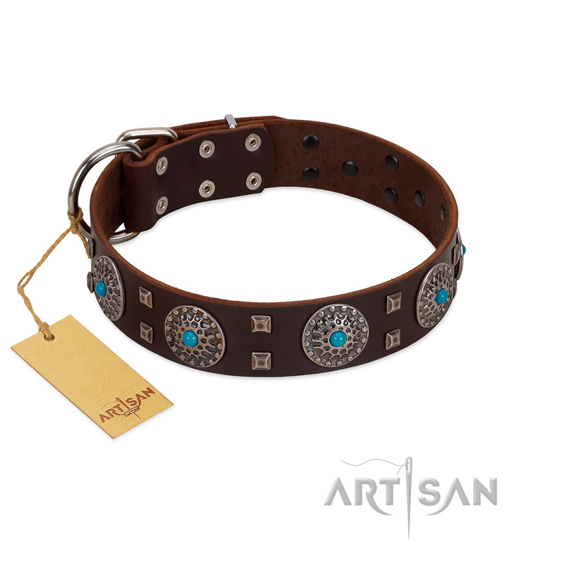 "Hypnotic Stones" FDT Artisan Brown Leather Doberman Collar with Chrome Plated Brooches and Square Studs
