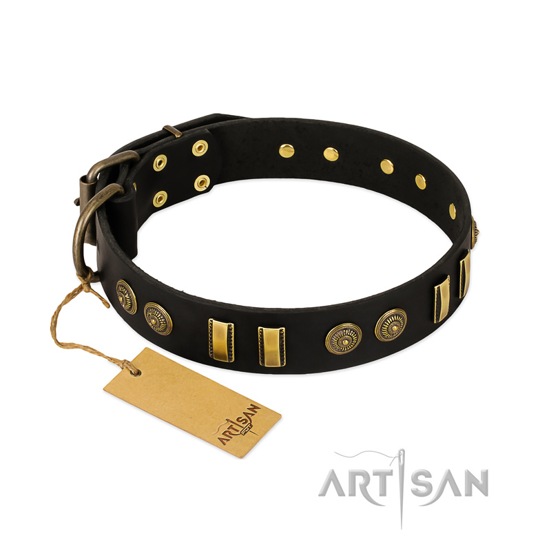 "Simple Elegance" FDT Artisan Black Leather Doberman Collar with Old Bronze-like Plates and Circles - Click Image to Close