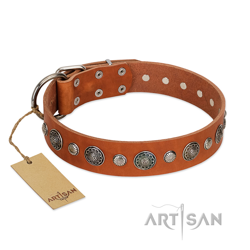 "Natural Beauty" FDT Artisan Tan Leather Doberman Collar with Shining Silver-like Studs - Click Image to Close