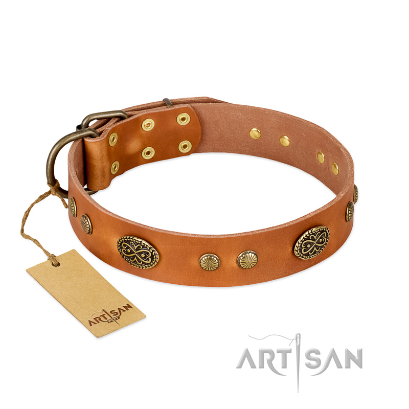 "Sun Beams" FDT Artisan Tan Leather Doberman Collar with Decorations - Click Image to Close