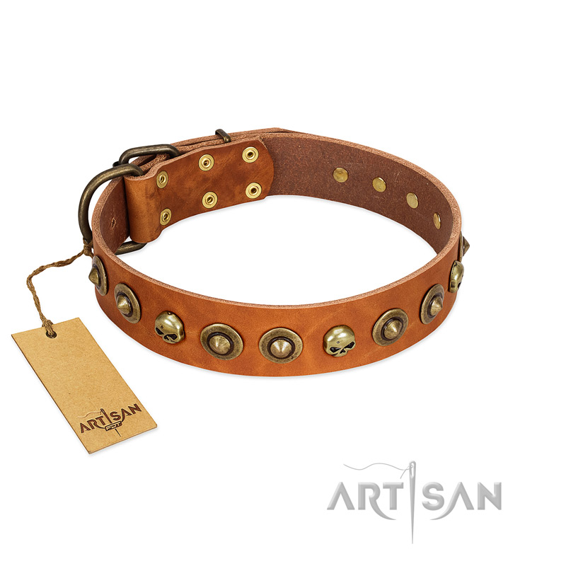 "Prez of the Pack" FDT Artisan Tan Leather Doberman Collar with Skulls and Brooches - Click Image to Close
