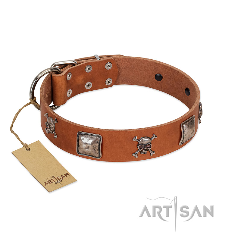 "Amorous Escapade" Embellished FDT Artisan Tan Leather Doberman Collar with Chrome Plated Crossbones and Plates