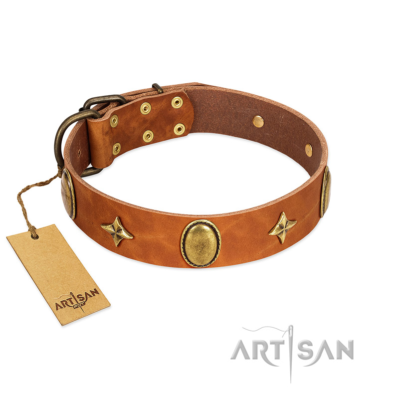 "Space Warrior" FDT Artisan Tan Leather Doberman Collar with Ovals and Stars