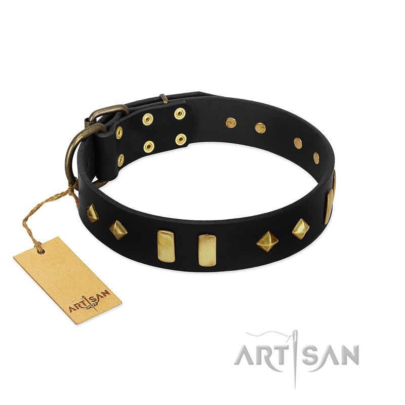 "De Luxe" FDT Artisan Black Leather Doberman Collar with Old Bronze-like Plates and Studs