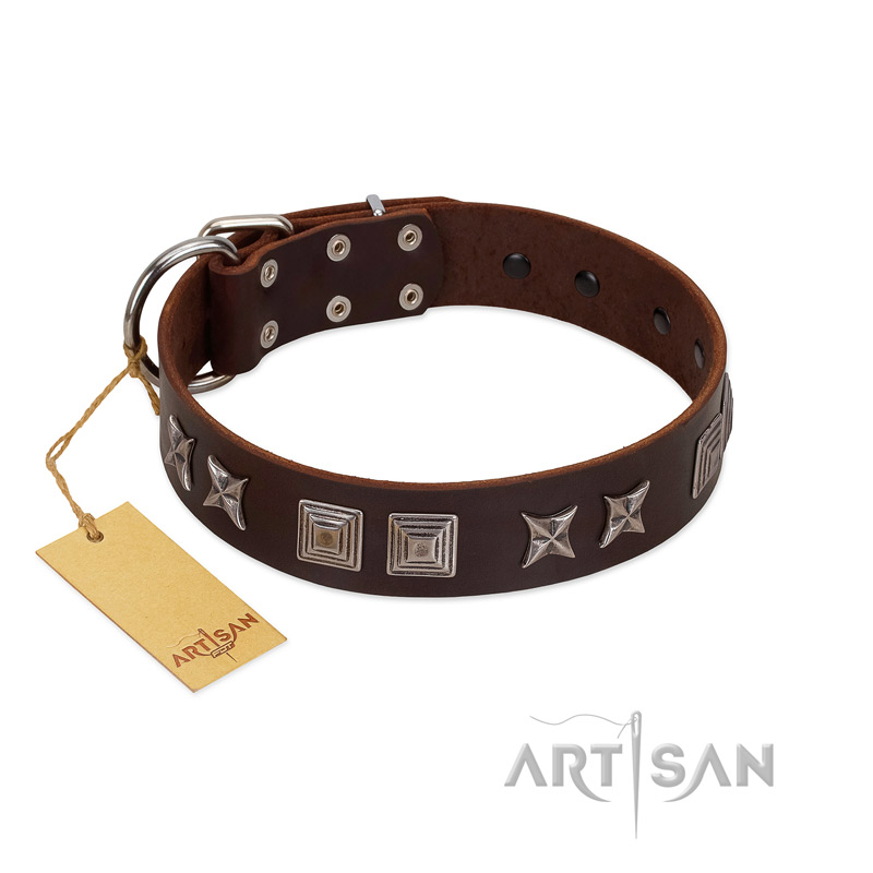 "Needle Stories" Modern FDT Artisan Brown Leather Doberman Collar with Square Engraved Plates and Four-Point Stars - Click Image to Close
