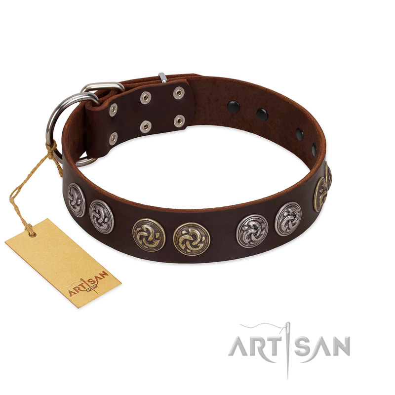 "Treasure Hunter" FDT Artisan Brown Leather Doberman Collar with Old-Bronze-like and Silvery Medallions - Click Image to Close