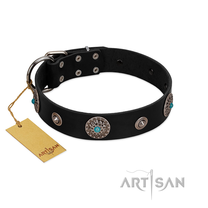 "Blue Gems" FDT Artisan Black Leather Doberman Collar with Chrome Plated Studs and Conchos