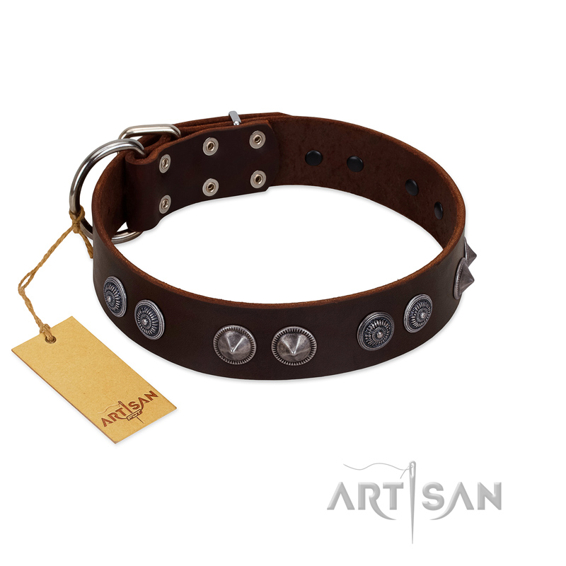 "King Arthur" FDT Artisan Brown Leather Doberman Collar with Spiky Plates