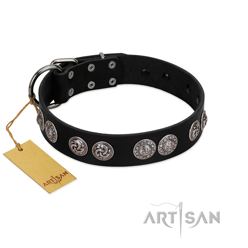"Magic Amulete" Handcrafted FDT Artisan Black Leather Doberman Collar with Chrome-Plated Shields