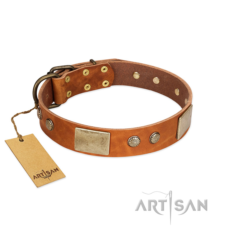 "Ancient Treasures" FDT Artisan Tan Leather Doberman Collar with Antiqued Plates and Studs - Click Image to Close