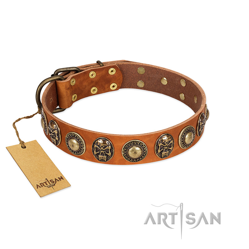 "Golden Epoch" FDT Artisan Tan Leather Doberman Collar with Old Bronze-plated Medallions and Conchos