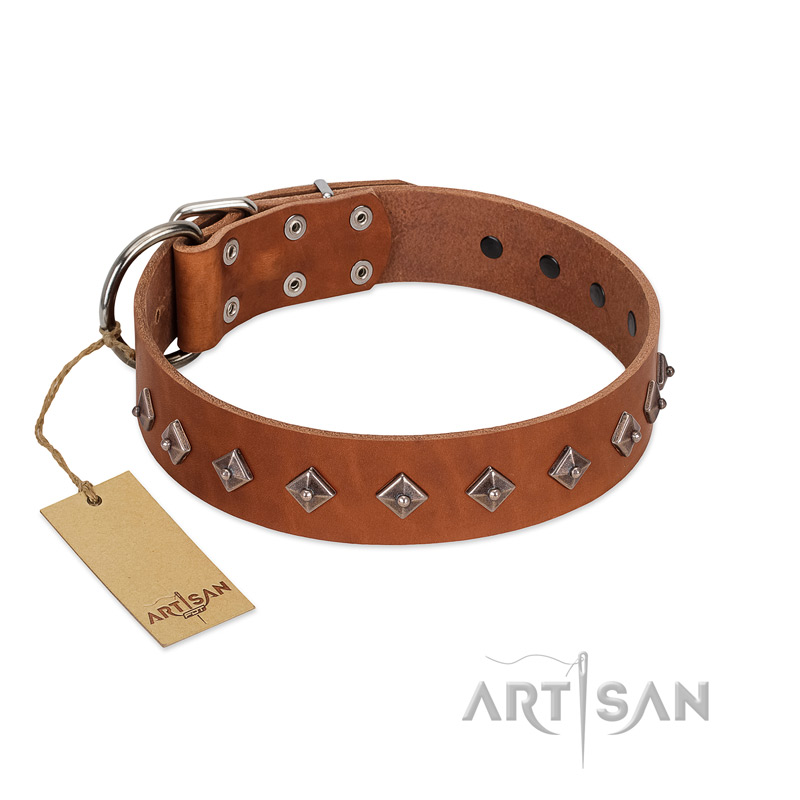 "Broadway" Handmade FDT Artisan Tan Leather Doberman Collar with Dotted Pyramids