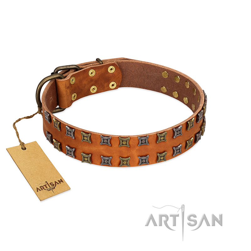 "Terra-cotta" FDT Artisan Tan Leather Doberman Collar with Two Rows of Studs