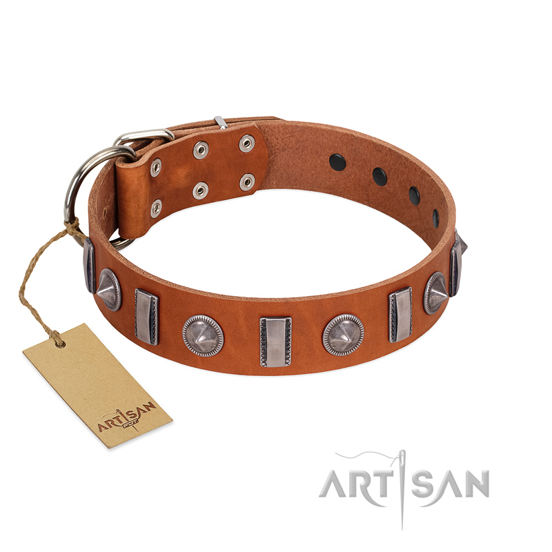 "Luxurious Necklace" FDT Artisan Tan Leather Doberman Collar with Silver-Like Adornments - Click Image to Close