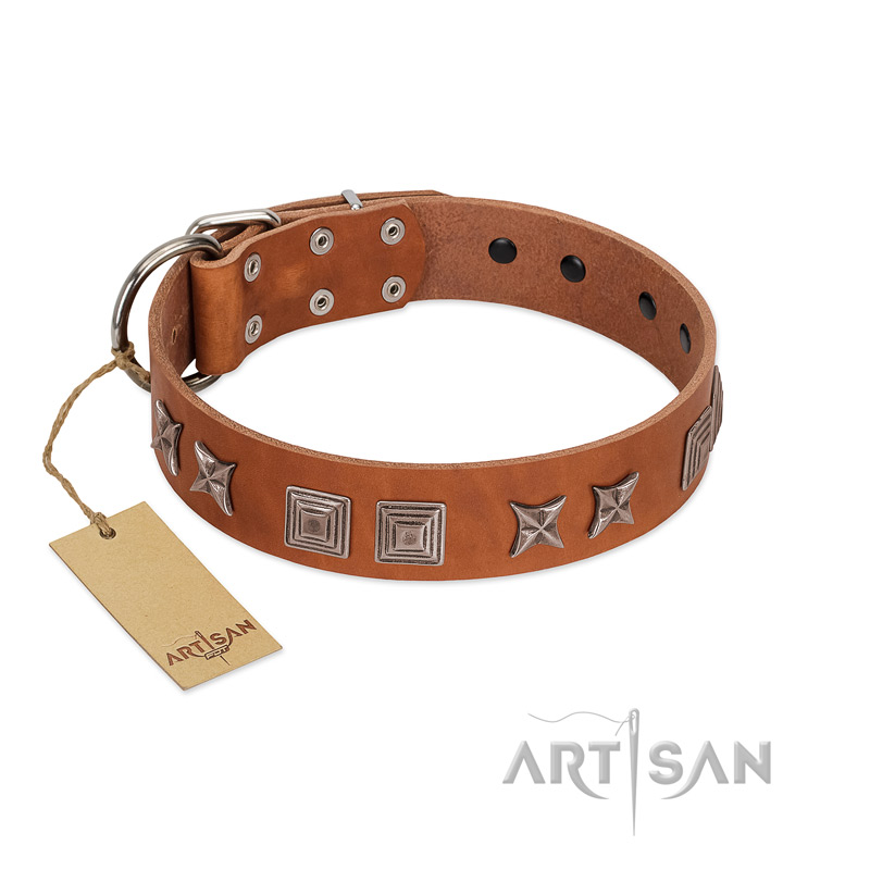 "Antique Figures" FDT Artisan Tan Leather Doberman Collar with Silver-like Engraved Plates - Click Image to Close