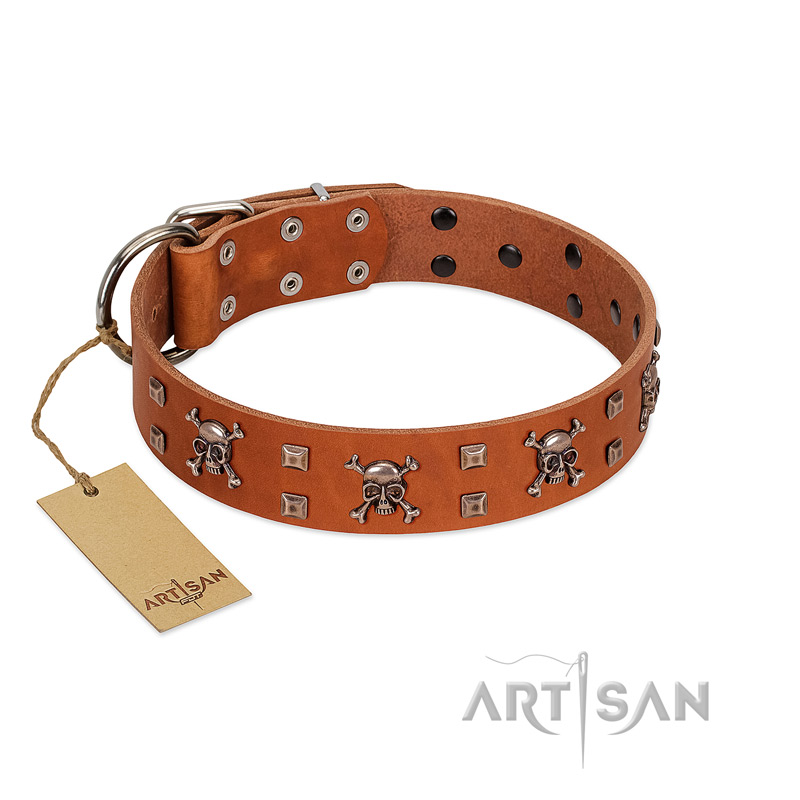 "Rebellious Nature" FDT Artisan Tan Leather Doberman Collar Embellished with Crossbones and Square Studs