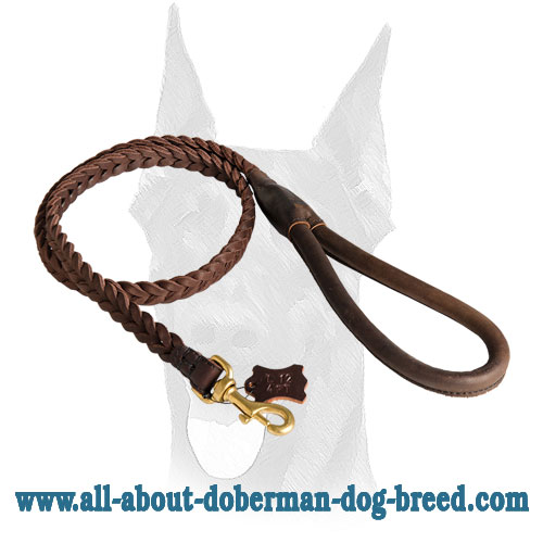 Braided leather Doberman leash with comfy handle