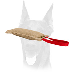 Stitched jute bite tug with a handle for Doberman